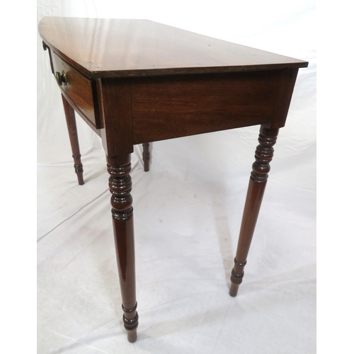 150 - Victorian mahogany bow fronted hall or side table with frieze drawers, brass handles, on turned legs