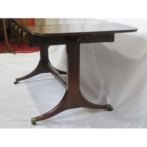 155 - Edwardian mahogany sofa table with reeded borders, drop leaves with pull-out supports, frieze drawer... 