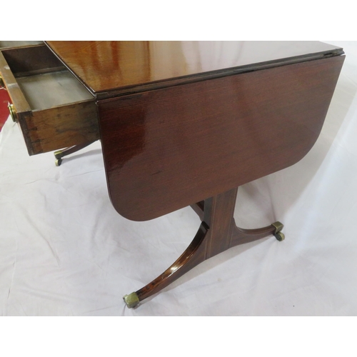 155 - Edwardian mahogany sofa table with reeded borders, drop leaves with pull-out supports, frieze drawer... 