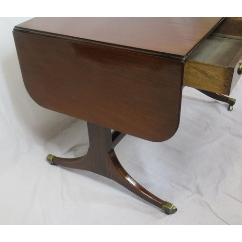 155 - Edwardian mahogany sofa table with reeded borders, drop leaves with pull-out supports, frieze drawer... 