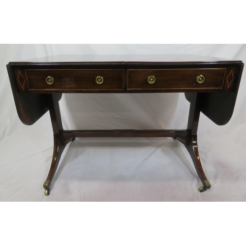 155 - Edwardian mahogany sofa table with reeded borders, drop leaves with pull-out supports, frieze drawer... 