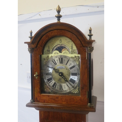 159 - Edwardian design walnut & mahogany Grandmother clock with brass finials, domed dial with lunar phase... 