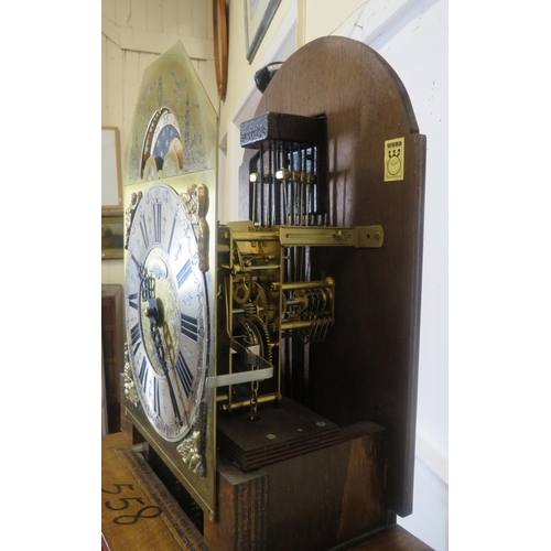 159 - Edwardian design walnut & mahogany Grandmother clock with brass finials, domed dial with lunar phase... 