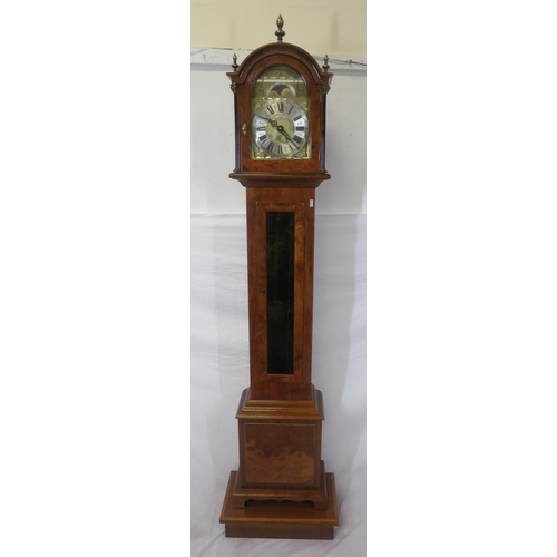 159 - Edwardian design walnut & mahogany Grandmother clock with brass finials, domed dial with lunar phase... 