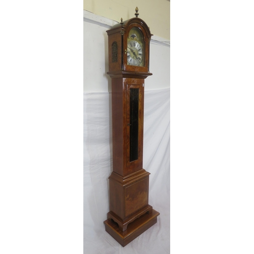 159 - Edwardian design walnut & mahogany Grandmother clock with brass finials, domed dial with lunar phase... 