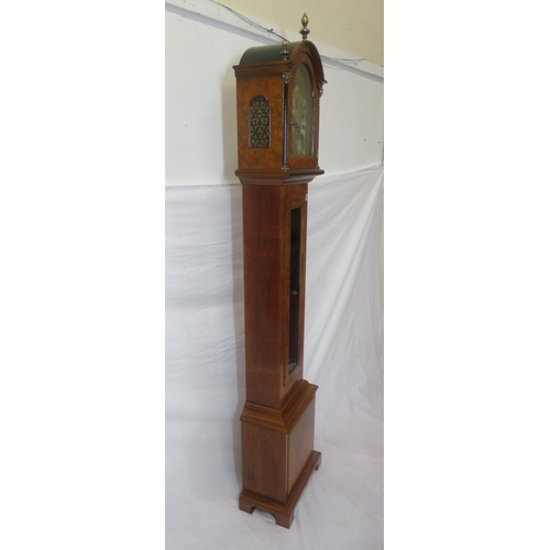 159 - Edwardian design walnut & mahogany Grandmother clock with brass finials, domed dial with lunar phase... 