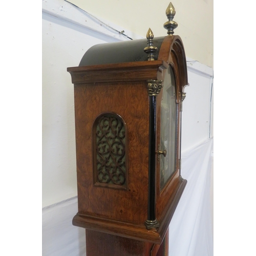 159 - Edwardian design walnut & mahogany Grandmother clock with brass finials, domed dial with lunar phase... 