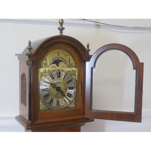 159 - Edwardian design walnut & mahogany Grandmother clock with brass finials, domed dial with lunar phase... 