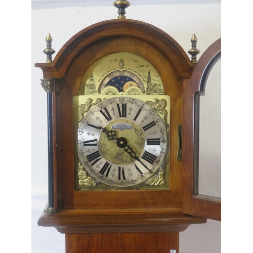 159 - Edwardian design walnut & mahogany Grandmother clock with brass finials, domed dial with lunar phase... 