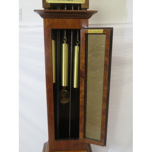 159 - Edwardian design walnut & mahogany Grandmother clock with brass finials, domed dial with lunar phase... 