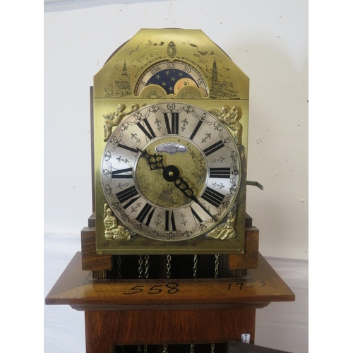 159 - Edwardian design walnut & mahogany Grandmother clock with brass finials, domed dial with lunar phase... 