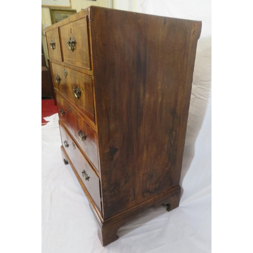 160 - Edwardian inlaid & crossbanded mahogany & walnut chest of 2 short & 3 long drawers with brass drop h... 