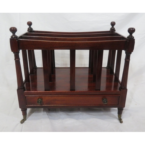 166 - Edwardian style 3 section railed canterbury with ball finials & reeded columns, frieze drawer with h... 