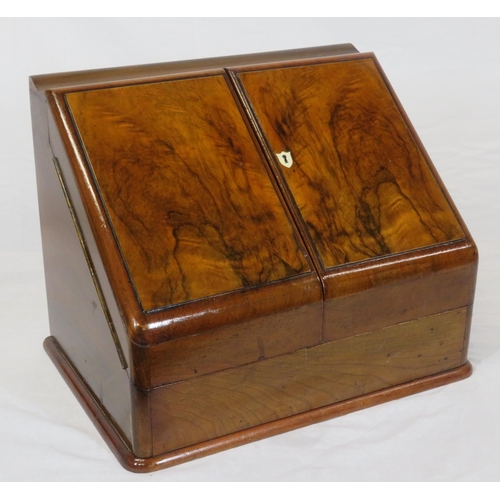 167 - Edwardian walnut & mahogany stationery box with angled fold-out front, sectioned interior, pop-up da... 