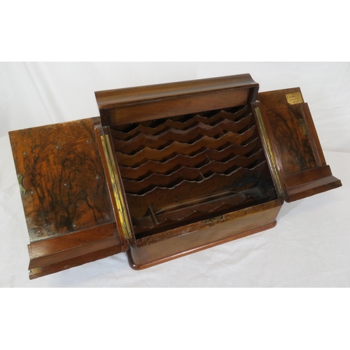 167 - Edwardian walnut & mahogany stationery box with angled fold-out front, sectioned interior, pop-up da... 