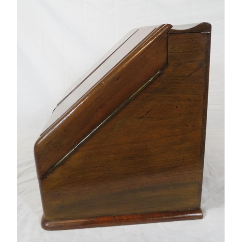 167 - Edwardian walnut & mahogany stationery box with angled fold-out front, sectioned interior, pop-up da... 