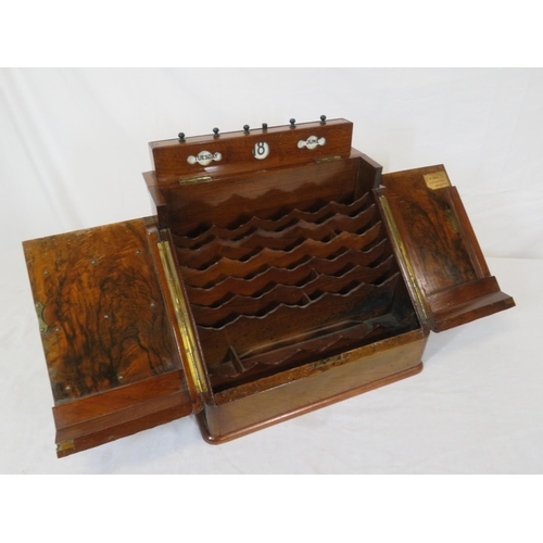 167 - Edwardian walnut & mahogany stationery box with angled fold-out front, sectioned interior, pop-up da... 