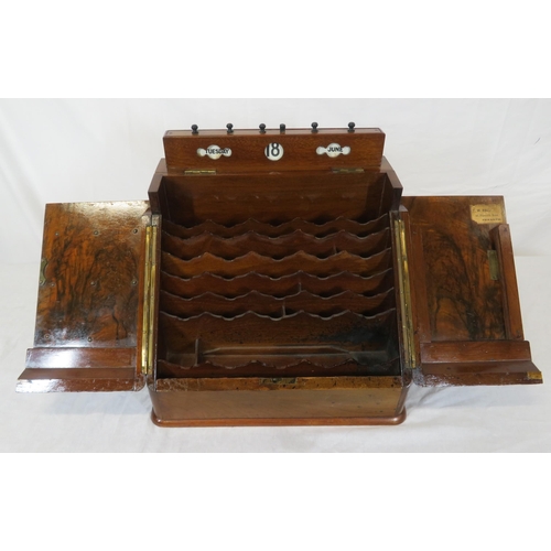 167 - Edwardian walnut & mahogany stationery box with angled fold-out front, sectioned interior, pop-up da... 