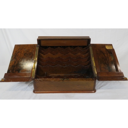 167 - Edwardian walnut & mahogany stationery box with angled fold-out front, sectioned interior, pop-up da... 