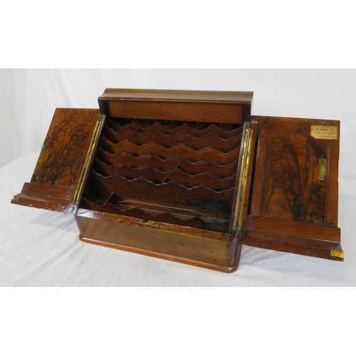 167 - Edwardian walnut & mahogany stationery box with angled fold-out front, sectioned interior, pop-up da... 