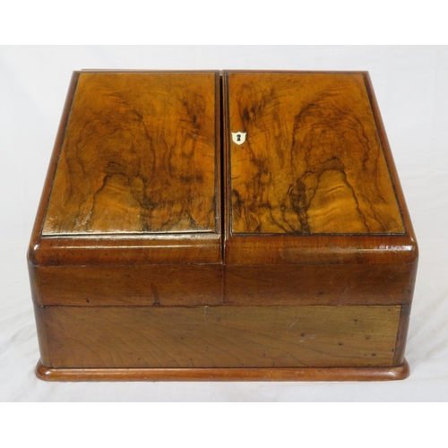 167 - Edwardian walnut & mahogany stationery box with angled fold-out front, sectioned interior, pop-up da... 