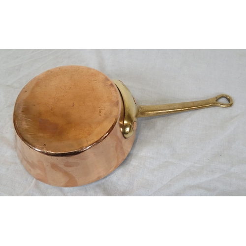 177 - 3 Georgian style heavy copper pans with shaped handles