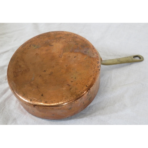 177 - 3 Georgian style heavy copper pans with shaped handles