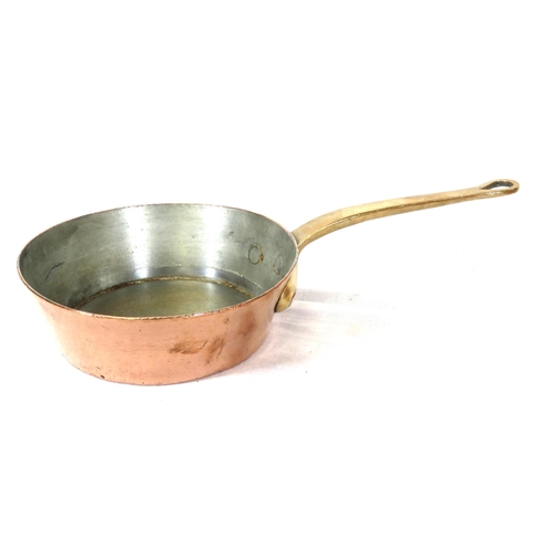 177 - 3 Georgian style heavy copper pans with shaped handles