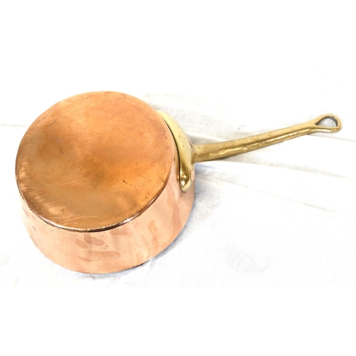 177 - 3 Georgian style heavy copper pans with shaped handles