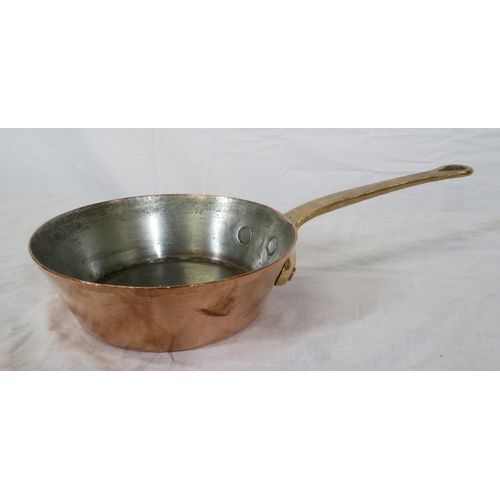 177 - 3 Georgian style heavy copper pans with shaped handles