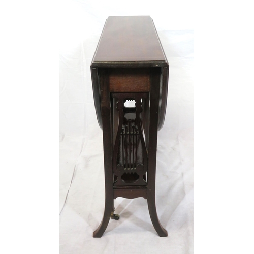 179 - Edwardian mahogany Sutherland table with D-shaped drop leaves, pull-out supports, on inlaid splayed ... 