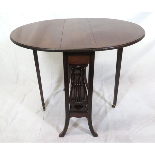 179 - Edwardian mahogany Sutherland table with D-shaped drop leaves, pull-out supports, on inlaid splayed ... 