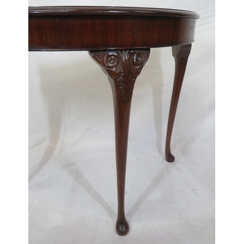 186 - Edwardian mahoany demi lune hall or side table with scroll knuckles, on cabriole legs with pad feet