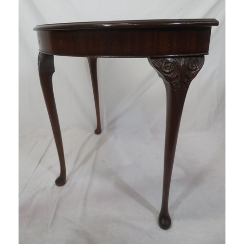 186 - Edwardian mahoany demi lune hall or side table with scroll knuckles, on cabriole legs with pad feet