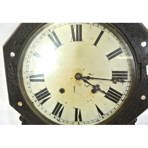 187 - Edwardian style hexagonal shape wall clock with brass framed dial & pendulum