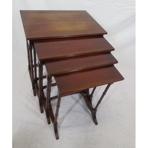 194 - Edwardian mahogany quarteto nest of 4 tables with reeded borders, spindle columns, on reeded bracket... 