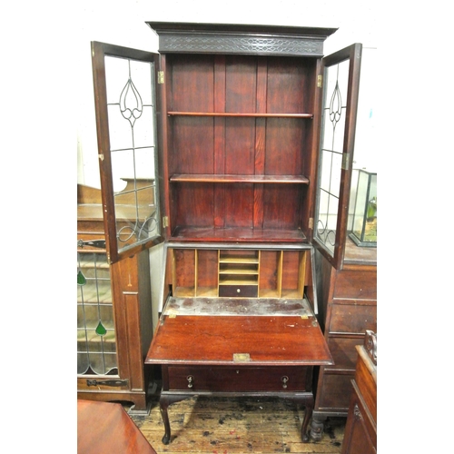 200 - Edwardian Art Deco style bureau bookcase with leaded glazed doors, shelved interior, fall-down front... 