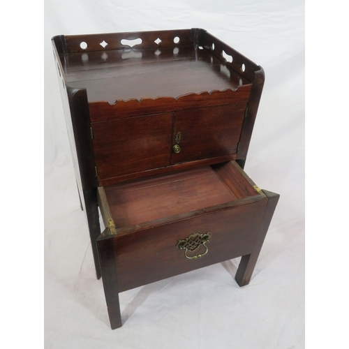 201 - Georgian mahogany locker with pierced gallery, drawer with drop handle & pierced backplate, on chamf... 