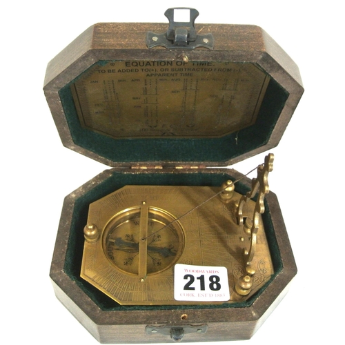 218 - Mariners brass sundial compass with plumb level, stamped 'F Cox, London' in presentation case