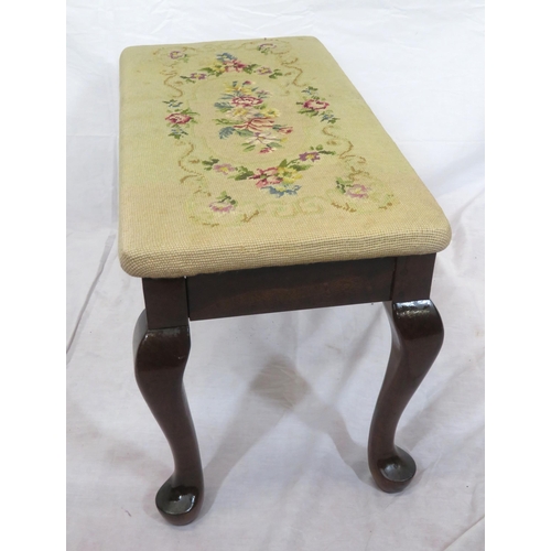 224 - Victorian mahogany oblong stool with foliate embroidery, cabriole legs with pad feet