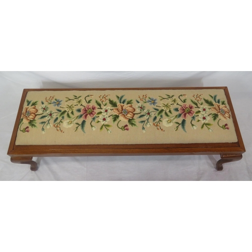 226 - Edwardian style oblong mahogany stool or window seat with foliate embroidery, on cabriole legs