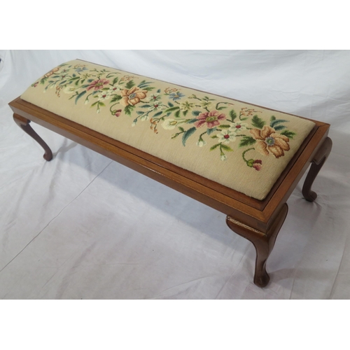 226 - Edwardian style oblong mahogany stool or window seat with foliate embroidery, on cabriole legs