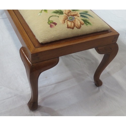 226 - Edwardian style oblong mahogany stool or window seat with foliate embroidery, on cabriole legs