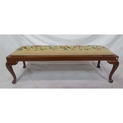 226 - Edwardian style oblong mahogany stool or window seat with foliate embroidery, on cabriole legs