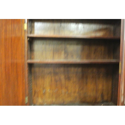 230 - Georgian crossbanded oak bureau bookcase, the top with panelled doors & shelved interior, drop-down ... 