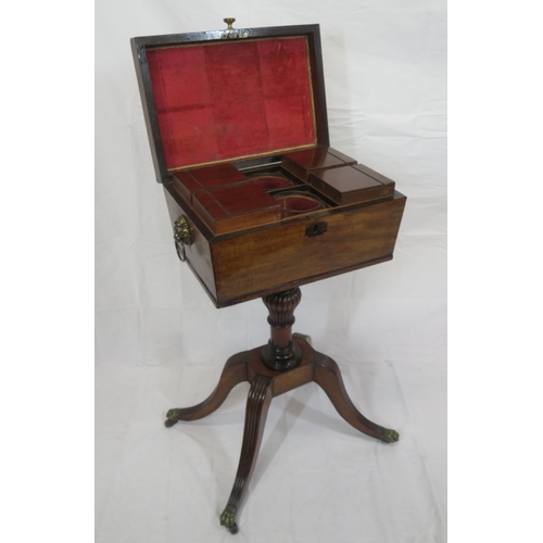 259 - Georgian inlaid mahogany teapoy with sarcophagus shaped lift-up lid, brass handle, 4 tea boxes with ... 