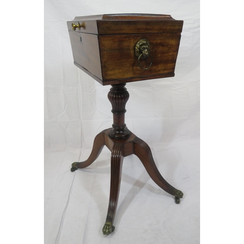 259 - Georgian inlaid mahogany teapoy with sarcophagus shaped lift-up lid, brass handle, 4 tea boxes with ... 