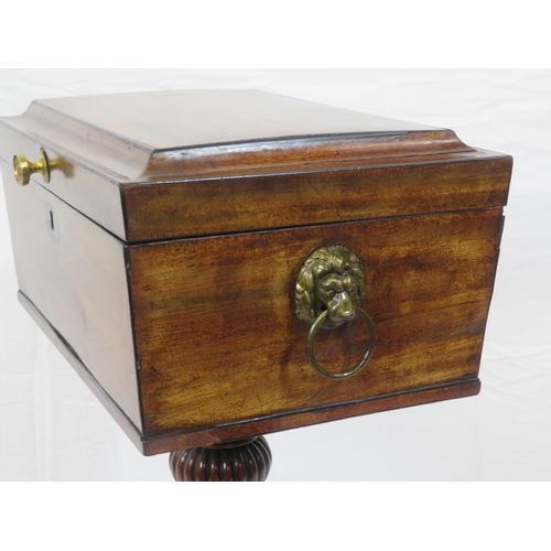 259 - Georgian inlaid mahogany teapoy with sarcophagus shaped lift-up lid, brass handle, 4 tea boxes with ... 