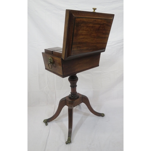 259 - Georgian inlaid mahogany teapoy with sarcophagus shaped lift-up lid, brass handle, 4 tea boxes with ... 