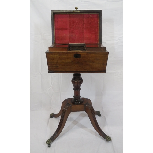 259 - Georgian inlaid mahogany teapoy with sarcophagus shaped lift-up lid, brass handle, 4 tea boxes with ... 